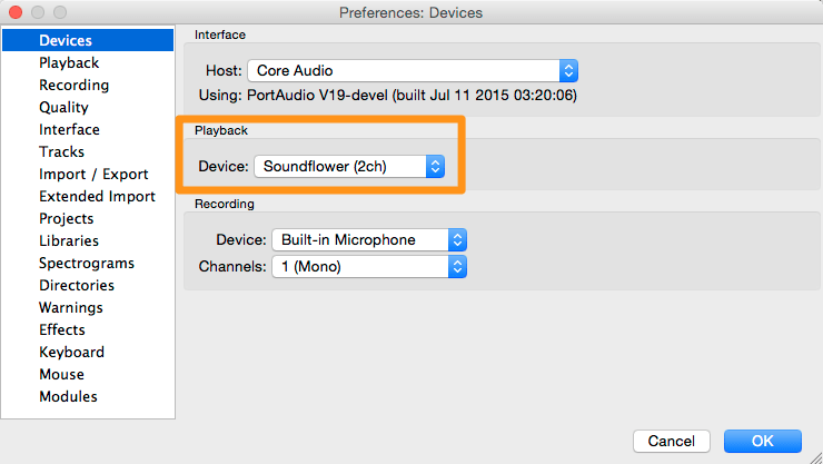 Transcribe .mp3 audio: Audacity Preferences Dictation